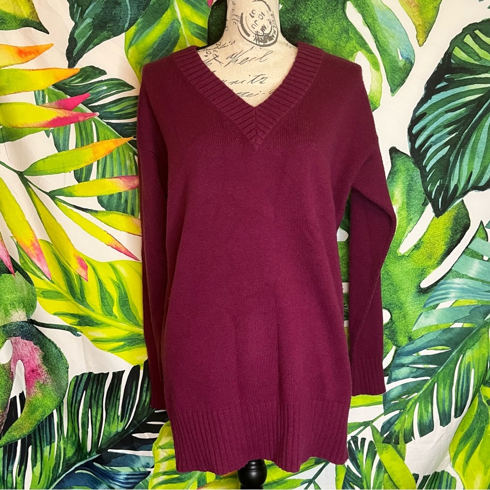 Athleta XXS/XS Dark Red Wool Cashmere Knotted Seam  Tunic V Neck Fall Sweater